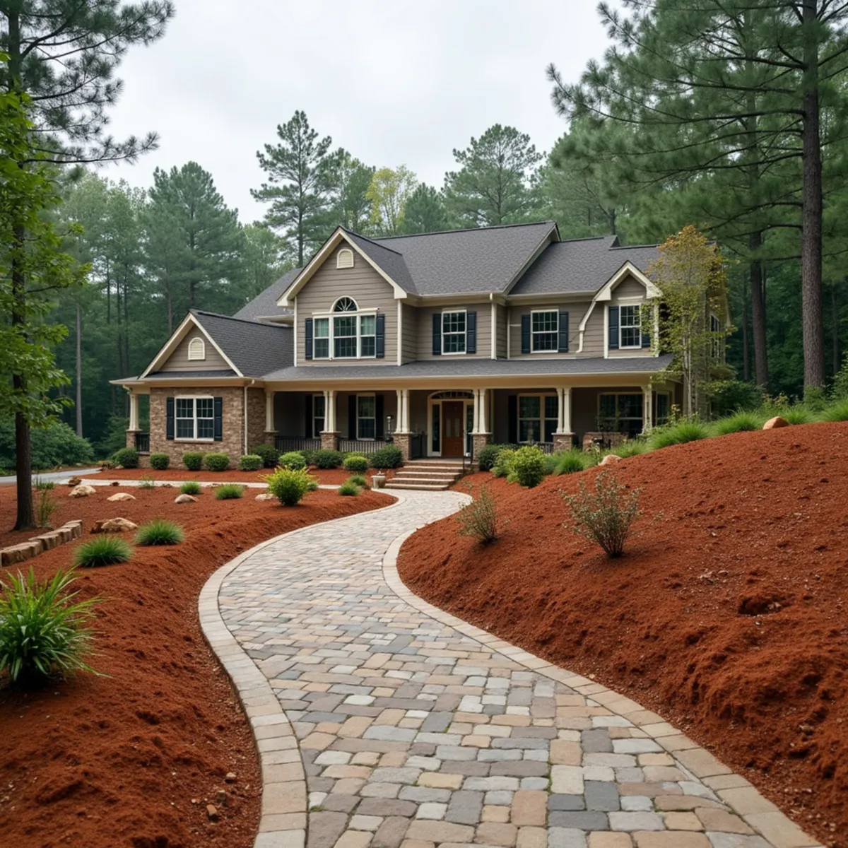 Interlocking paver walkway navigating a steep ridge lot near the railroad corridor in Lula, GA