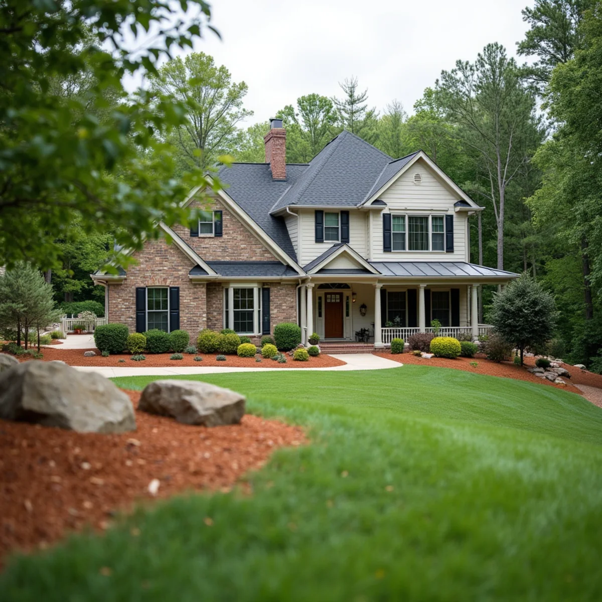 Freshly aerated Zoysia sod lawn on a Piedmont clay flat property in Maysville, GA