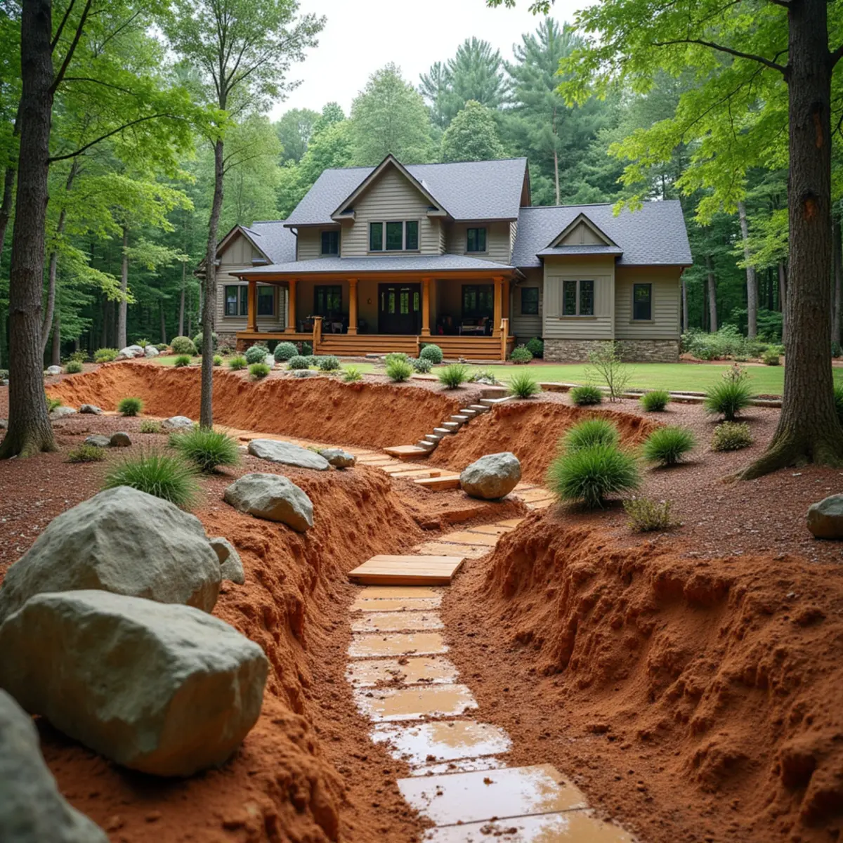 Dry creek bed and segmental retaining wall controlling red clay erosion in Mount Airy, GA