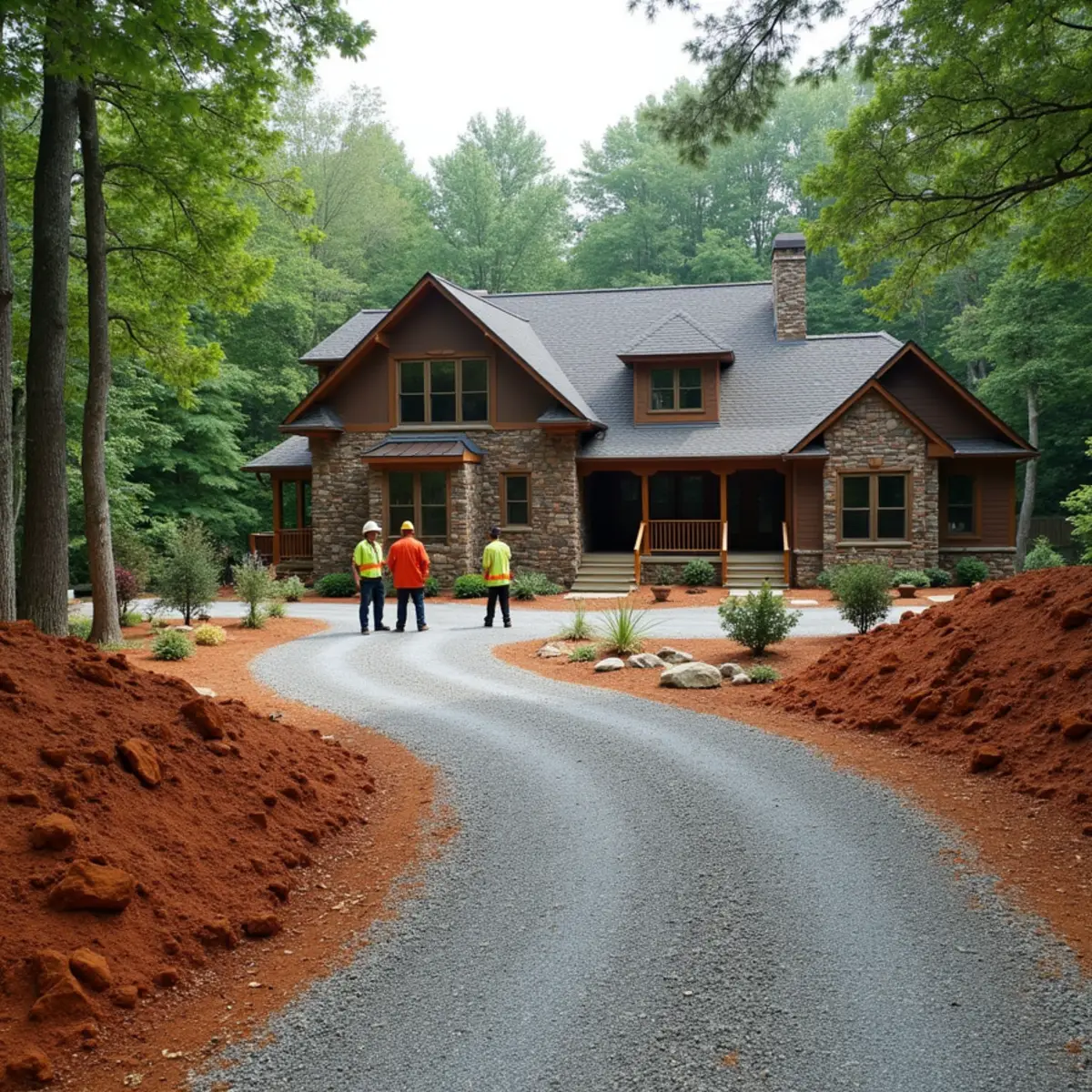 Crowned gravel driveway with riprap ditch armoring on a rural Nicholson, GA property
