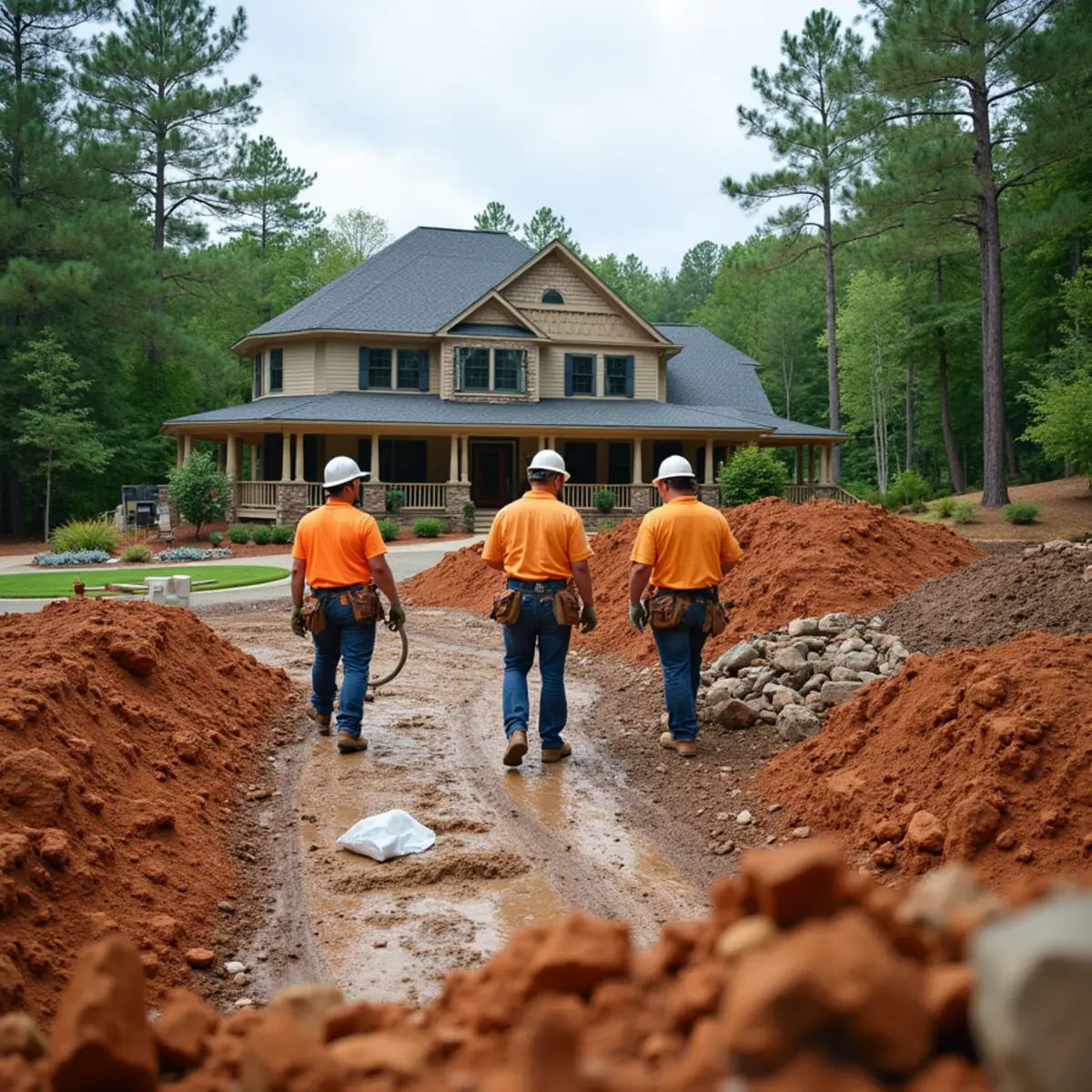 Silt fencing and stormwater detention basin maintenance on a construction site near Oakwood, GA
