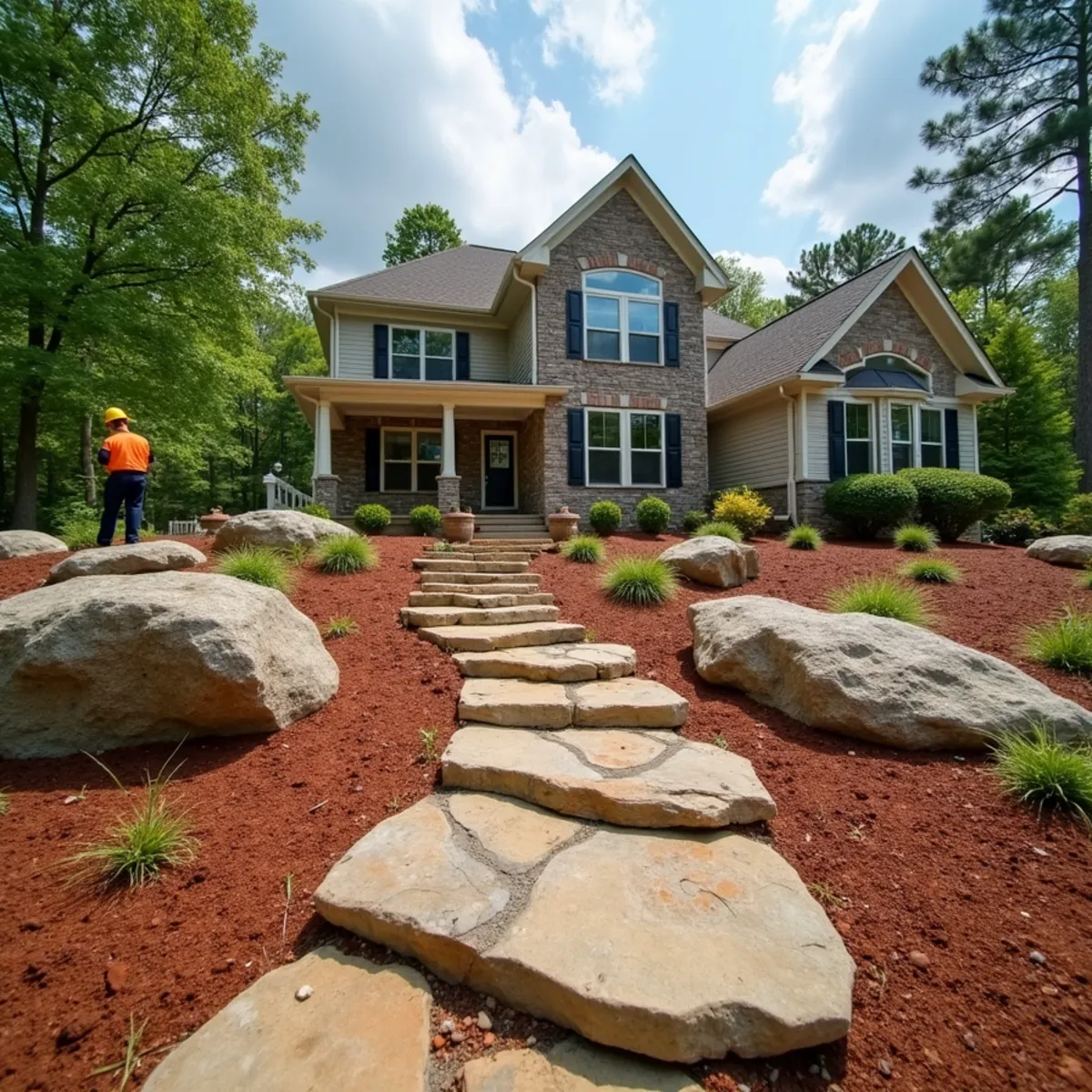 Natural granite outcrop integrated into a stone landscape with custom surface drainage near Royston, GA