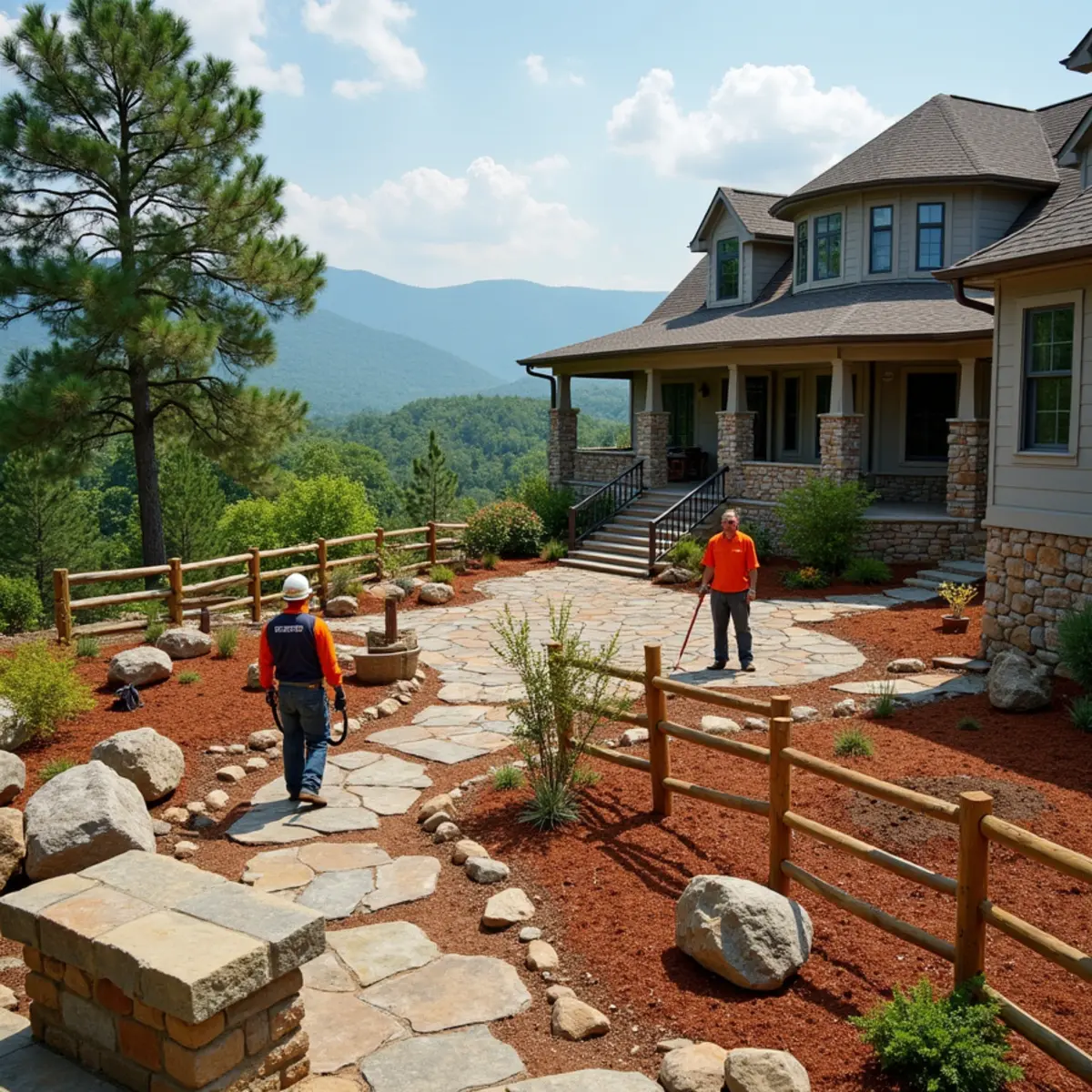 Native fieldstone masonry wall and split-rail fencing in the pastoral Sautee Nacoochee valley, GA