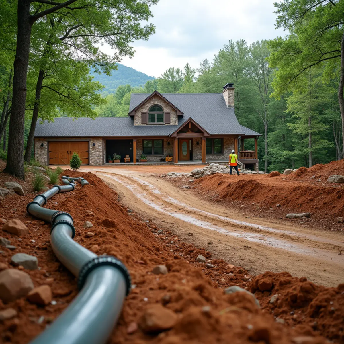 Graded gravel driveway with culvert pipe crossing and erosion control planting on rural Statham, GA acreage