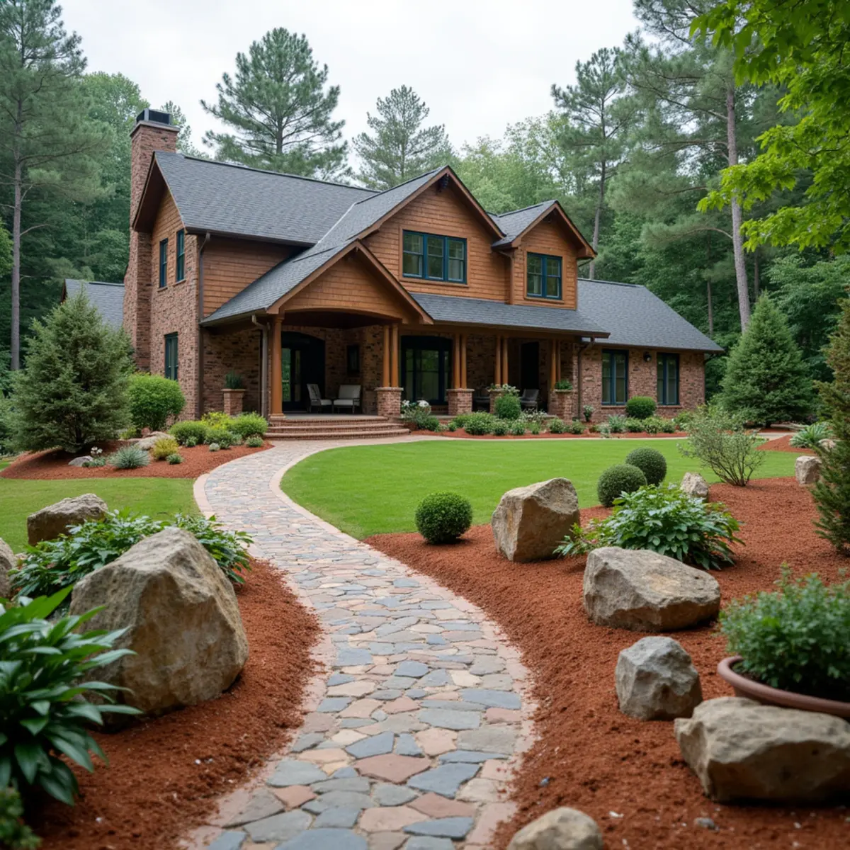 Cold-hardy fescue lawn and durable stone hardscape in the high-elevation Suches, GA valley