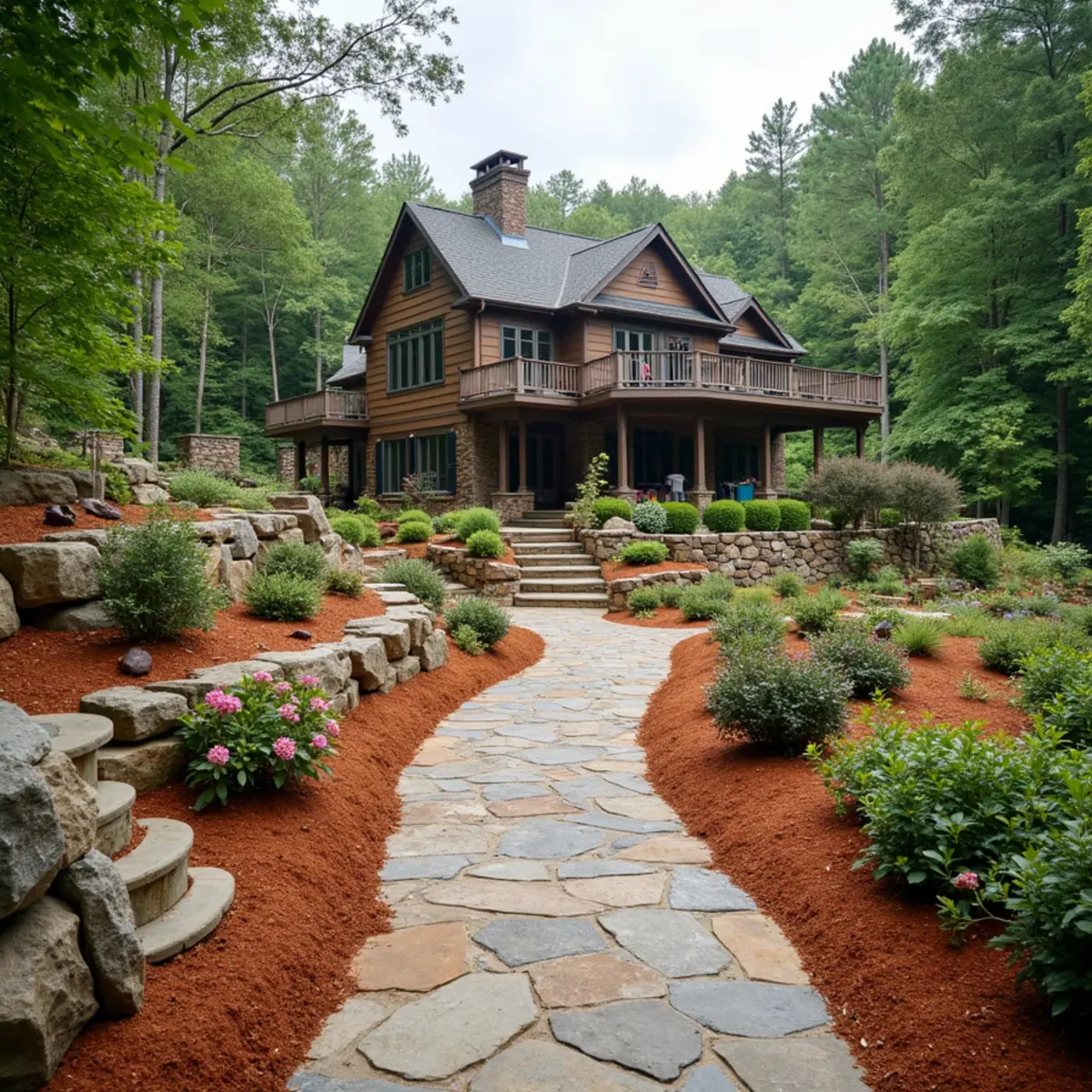 Heavy riprap stabilization and native rhododendron border along the Tallulah Gorge rim in Tallulah Falls, GA