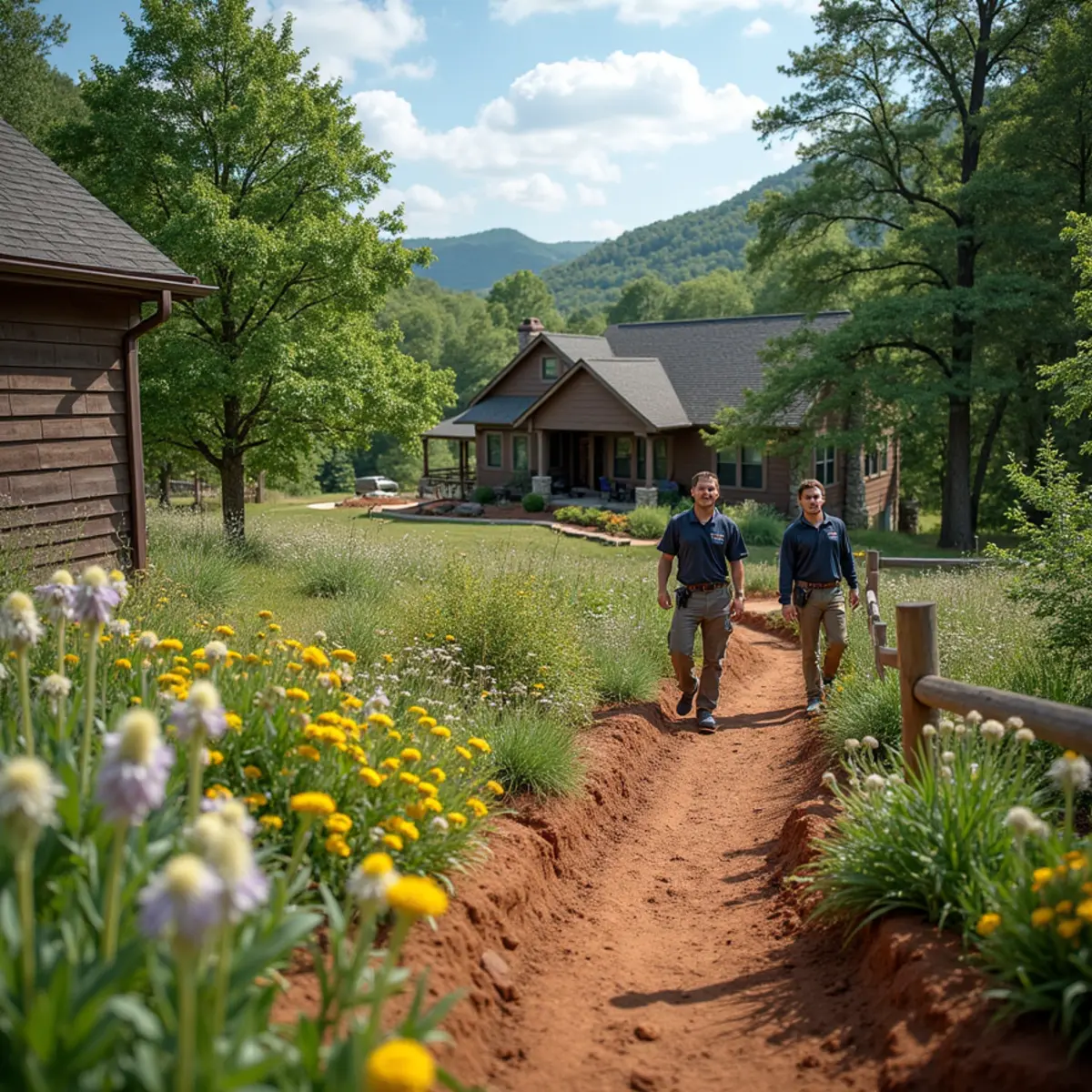 Native wildflower meadow and rustic split cedar fencing on a countryside property near Talmo, GA