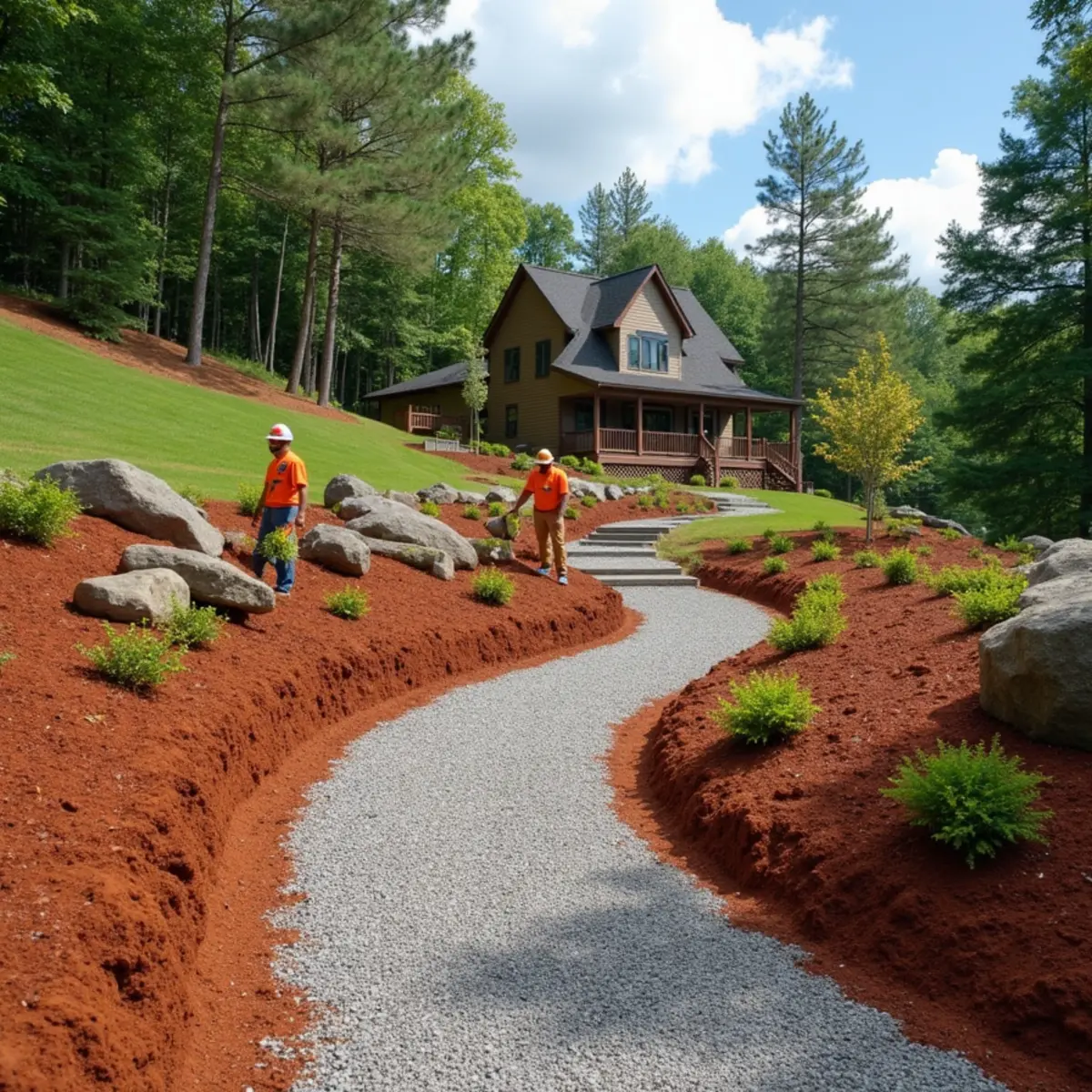 Crushed granite pathway winding through a hillside vineyard microclimate near Tiger, GA