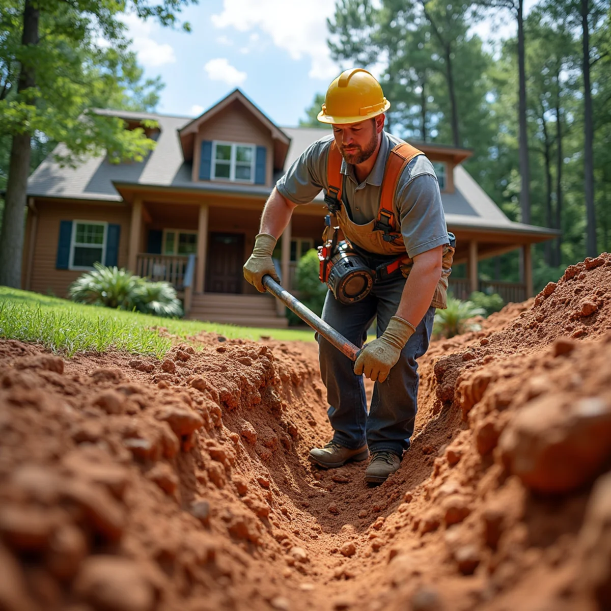 Boulder retaining wall and drainage trench on a Toccoa, GA property near Currahee Mountain
