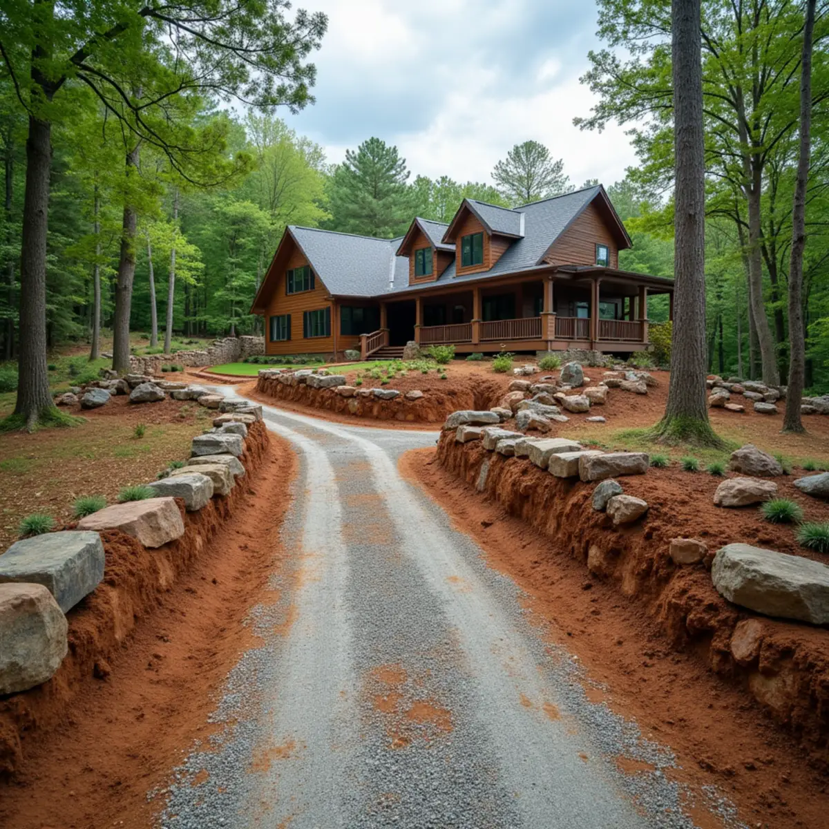 Terraced boulder retaining wall stabilizing a steep private gravel lane near Turnerville, GA