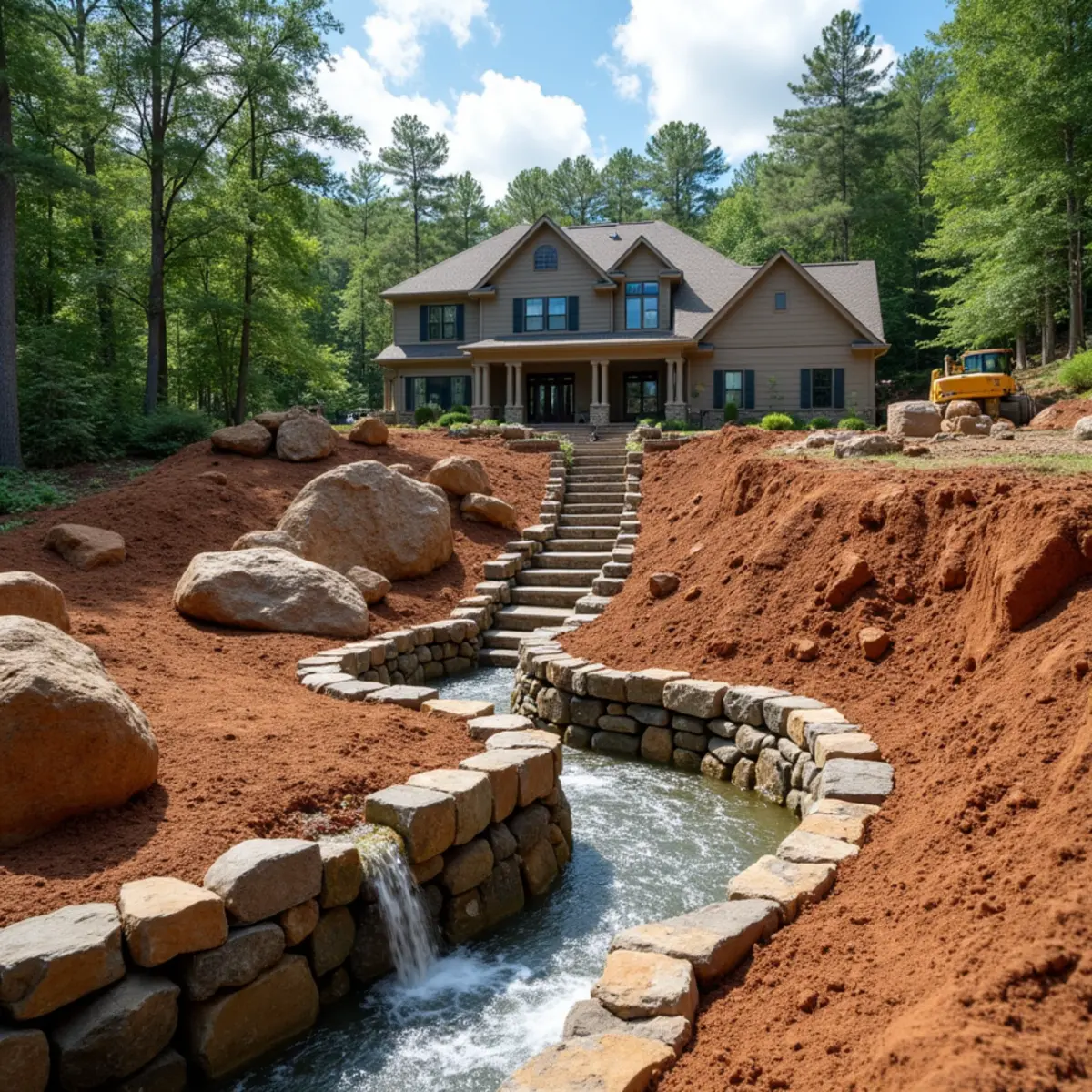 Oversize concrete catch basin managing granite-face flash runoff below Mount Yonah, GA