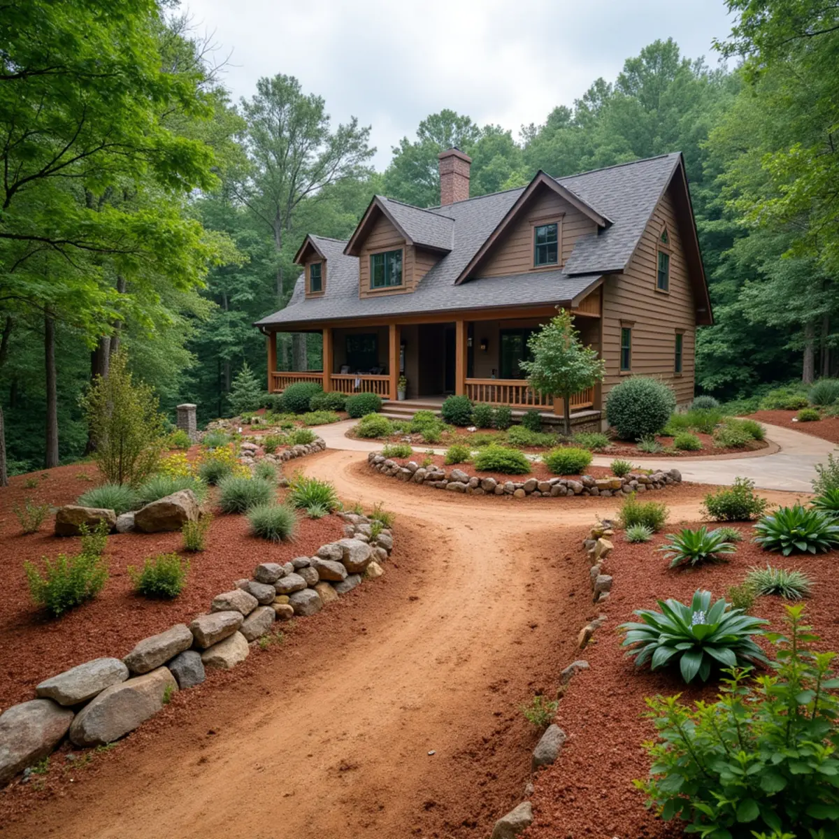 Frost-hardy mountain plantings and drainage swale on a Young Harris, GA property near Brasstown Valley