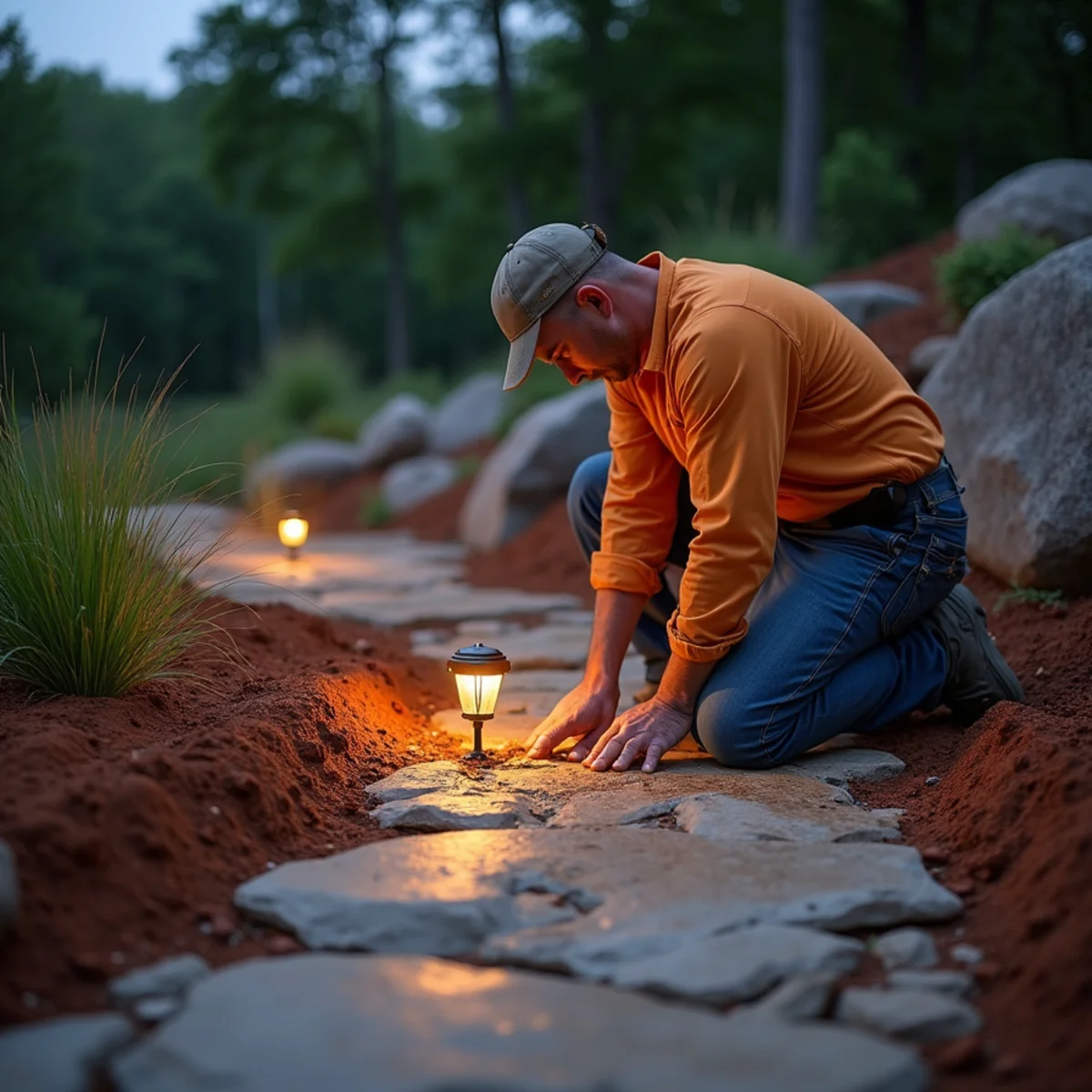 Low-Voltage Mountain Lighting in progress on a North Georgia mountain property near Clarkesville