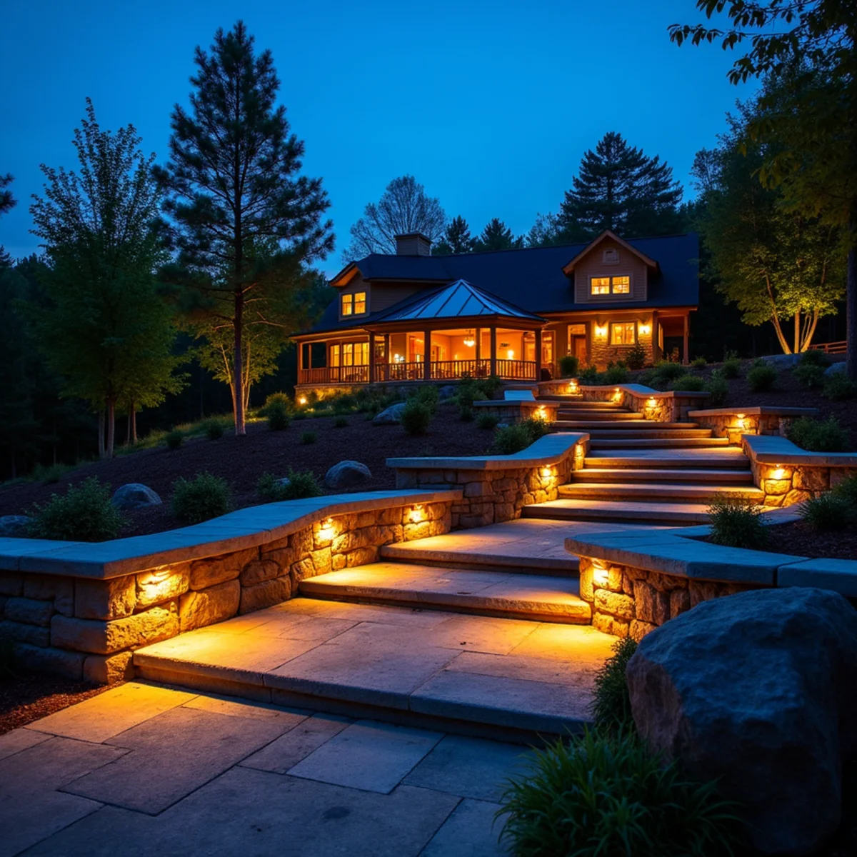 Low-voltage brass landscape lighting illuminating a boulder retaining wall and stone path at night in Clarkesville, GA