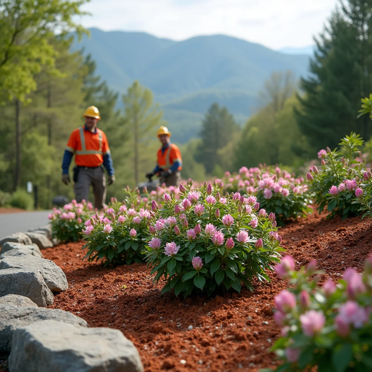 Catawba rhododendron and native azaleas planted under hardwood canopy in Clarkesville, GA