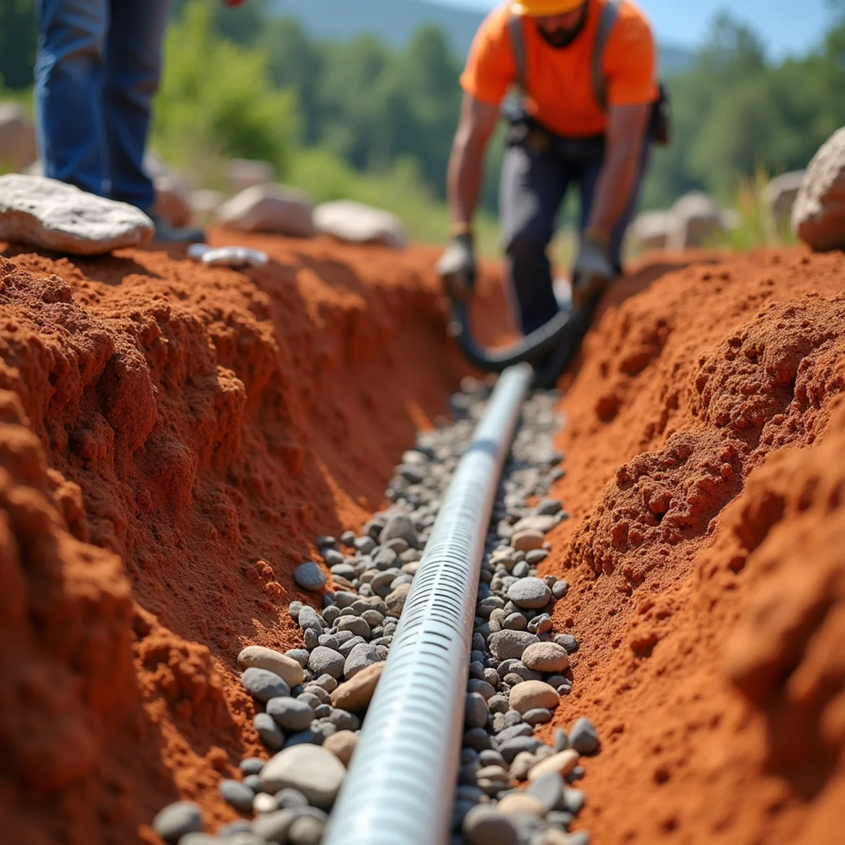 Red Clay Drainage & French Drains in progress on a North Georgia mountain property near Clarkesville