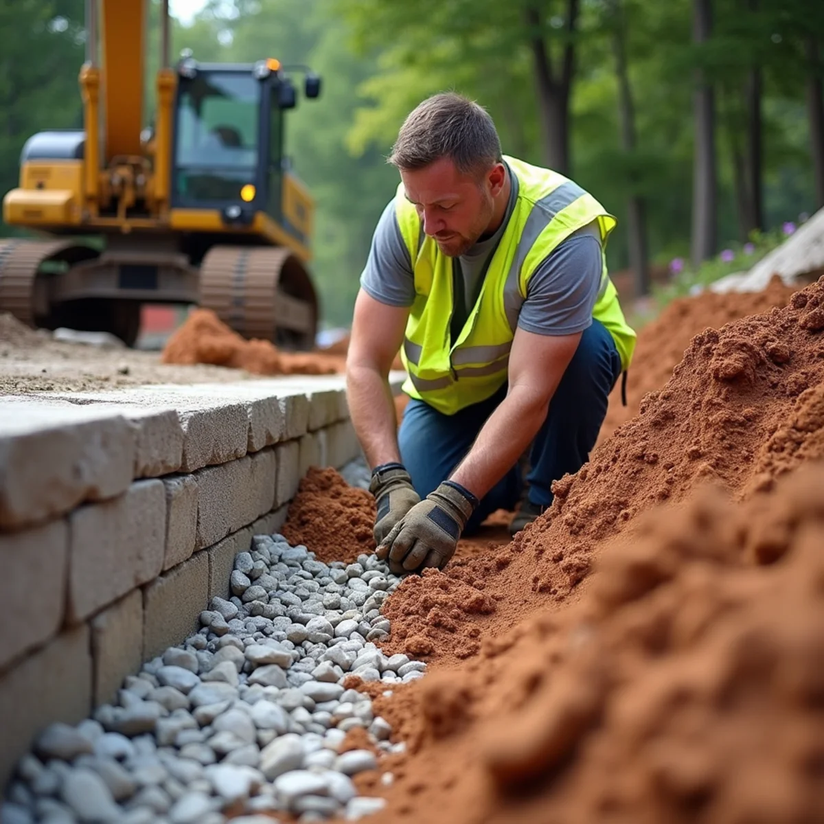 Retaining Wall Structural Shoring & Repair in progress on a North Georgia mountain property near Clarkesville