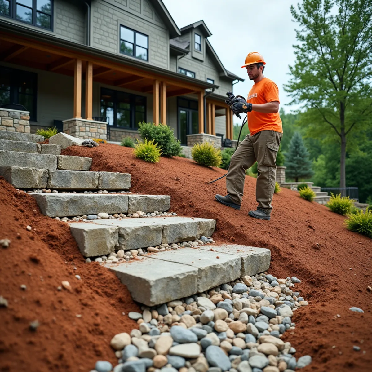 Emergency shoring braces supporting a leaning retaining wall on a mountain property in Clarkesville, GA