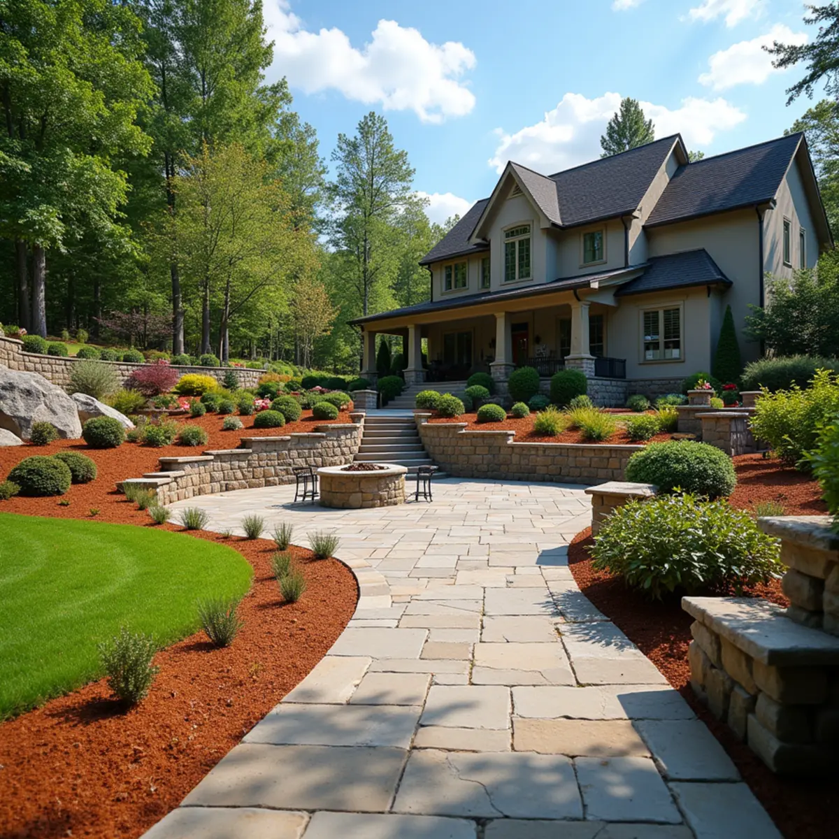 Range of mountain landscaping and hardscape services in North Georgia — boulder walls, patios, and drainage