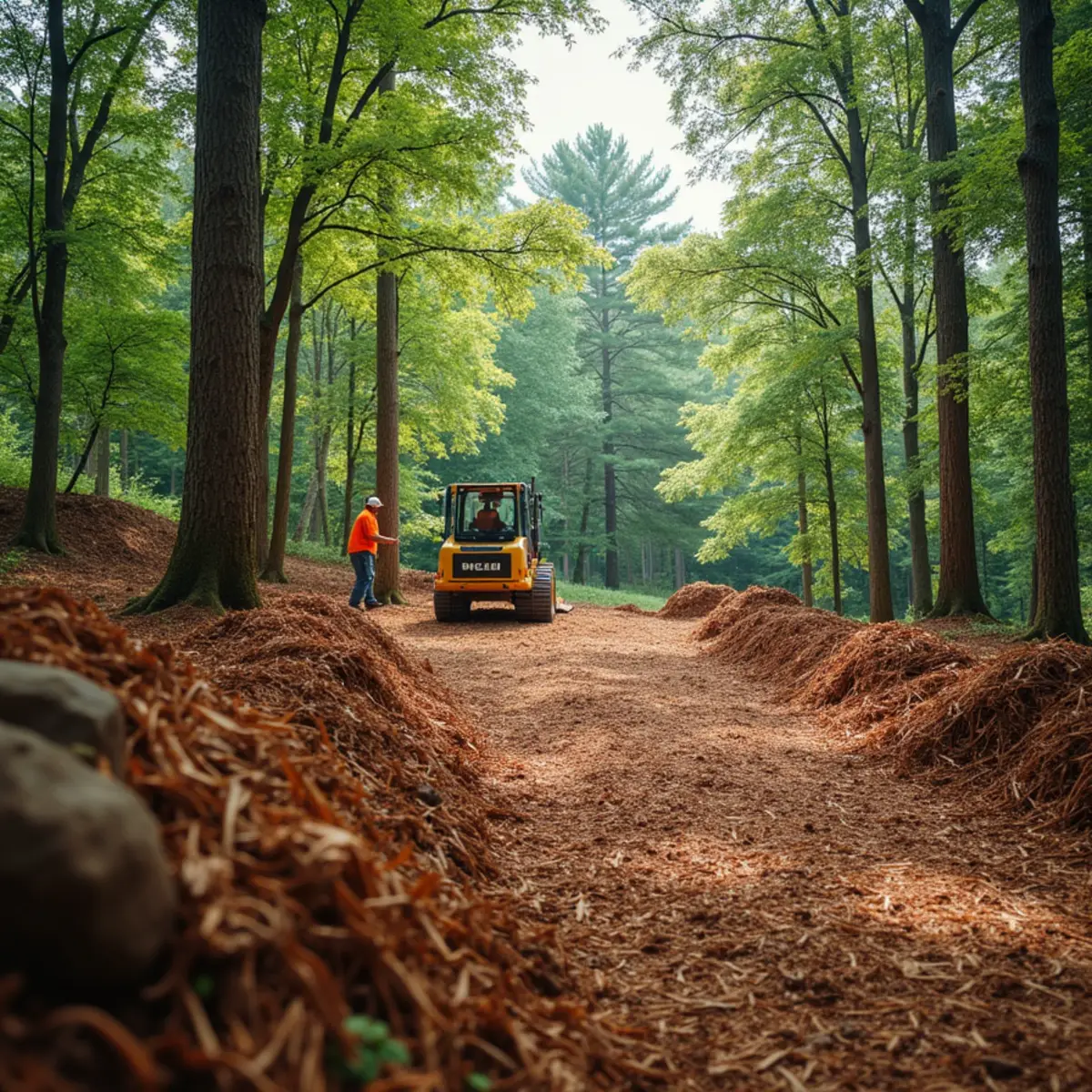 Forestry mulcher clearing downed trees and storm debris on a wooded mountain property in Clarkesville, GA